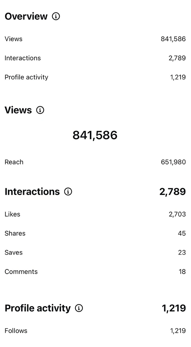 Panoramica Instagram con 841.586 visualizzazioni e 1.219 nuovi follower