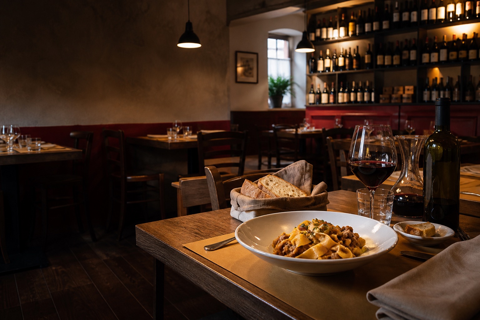 Sala calda di trattoria con pasta e vino